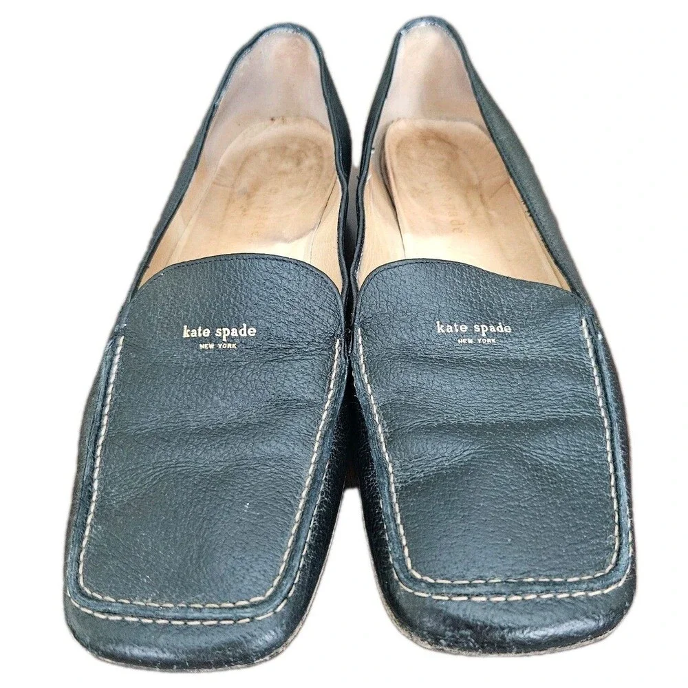 Kate Spade New York Women's Square Toe Black  Pebbled Leather Loafers, Size 5 B